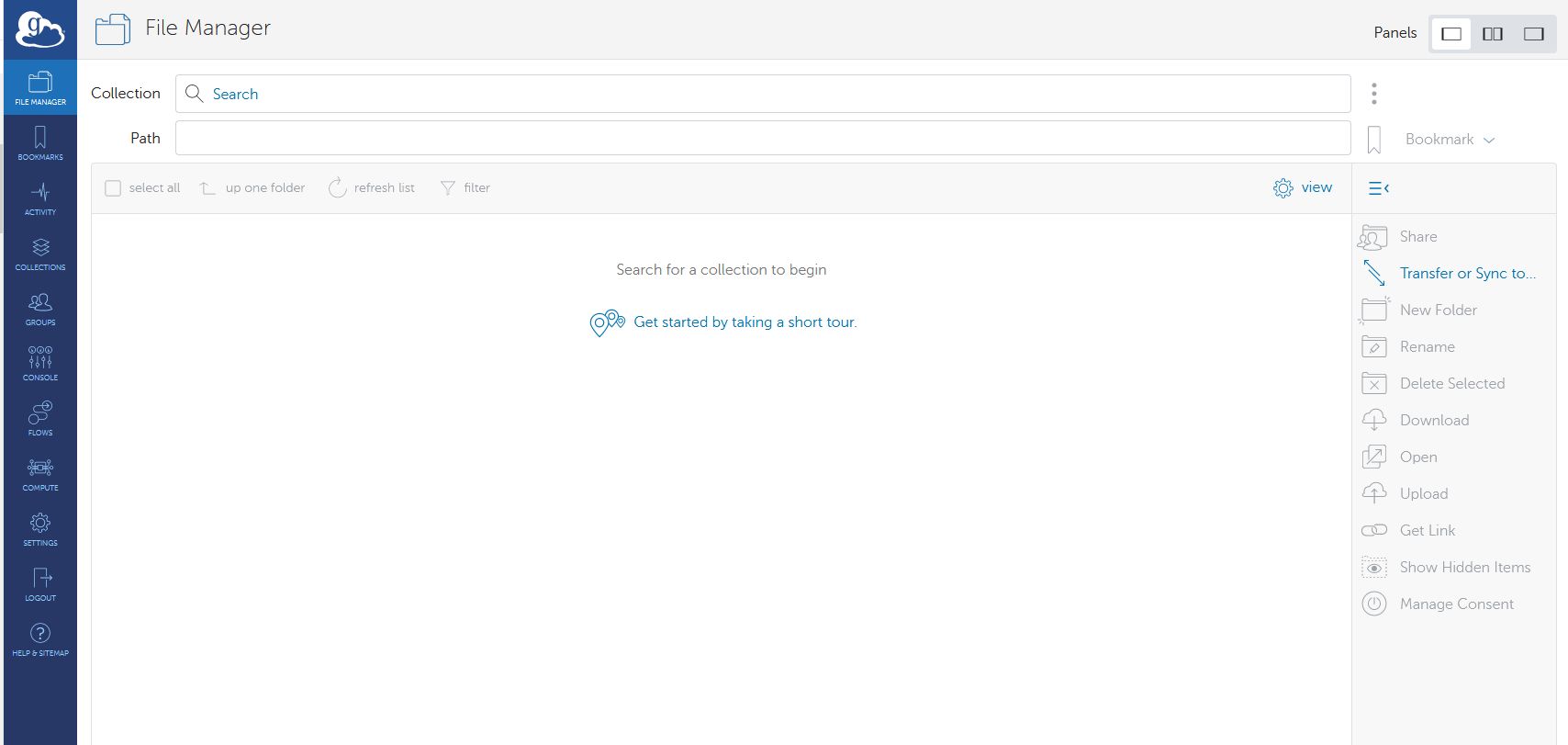 Globus web app data transfer interface at login