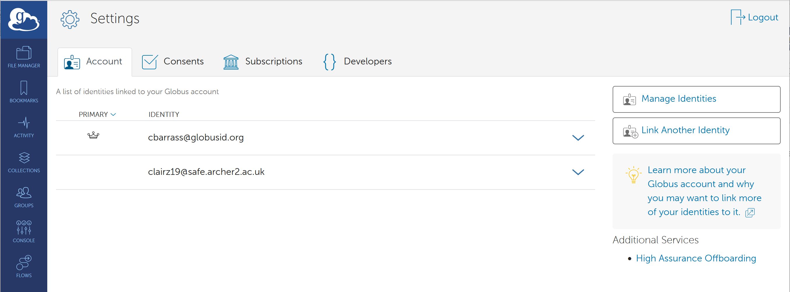 Settings to change ARCHER2 account