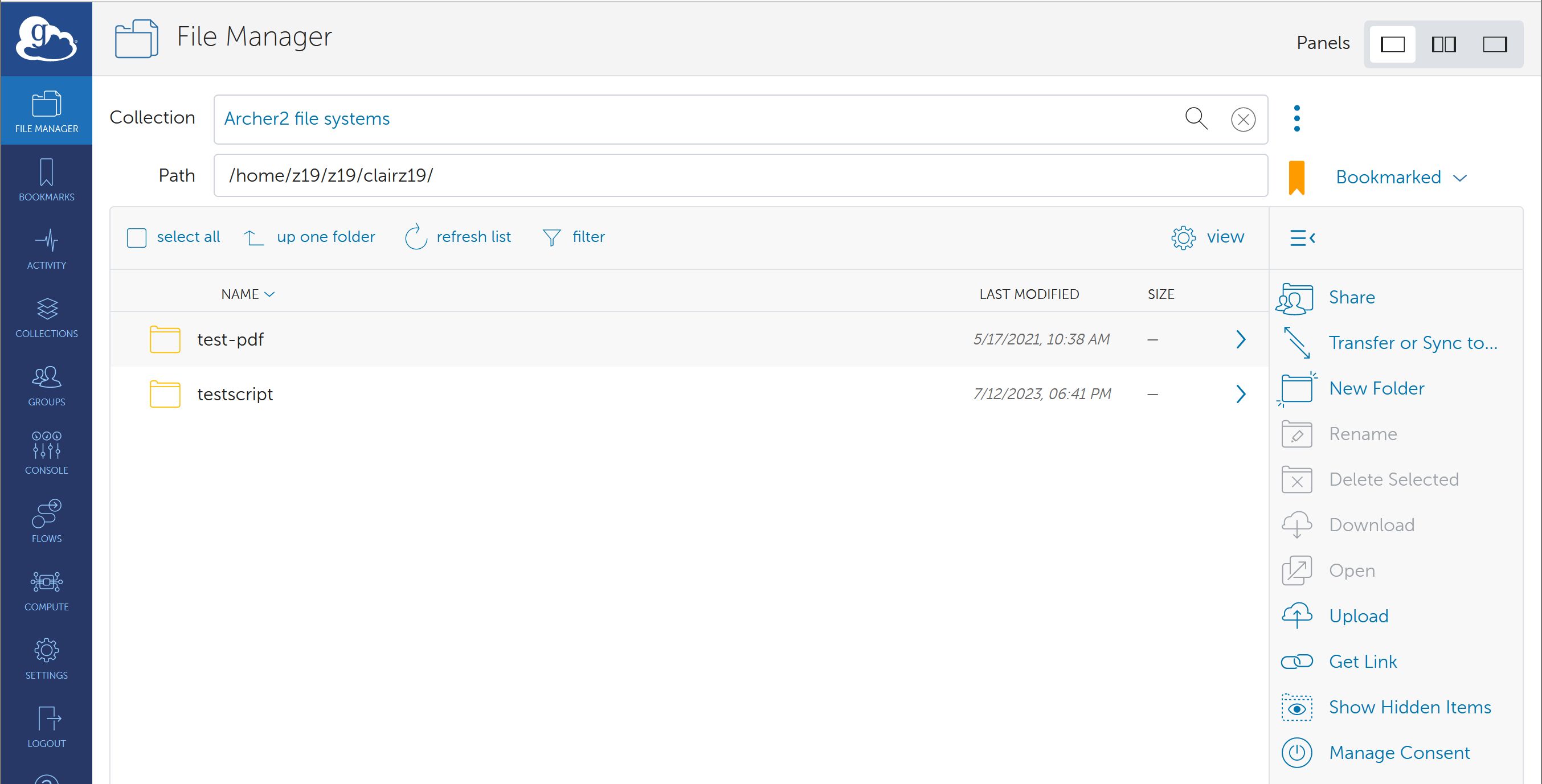 Web app interface showing ARCHER2 home directory