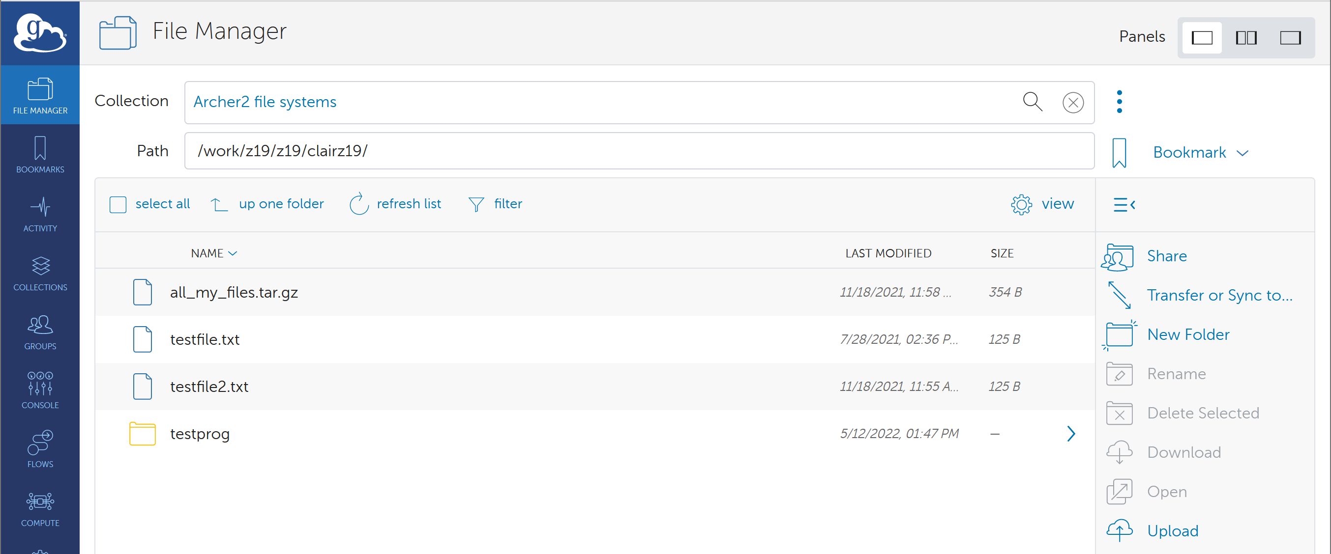 Web app interface showing ARCHER2 work directory